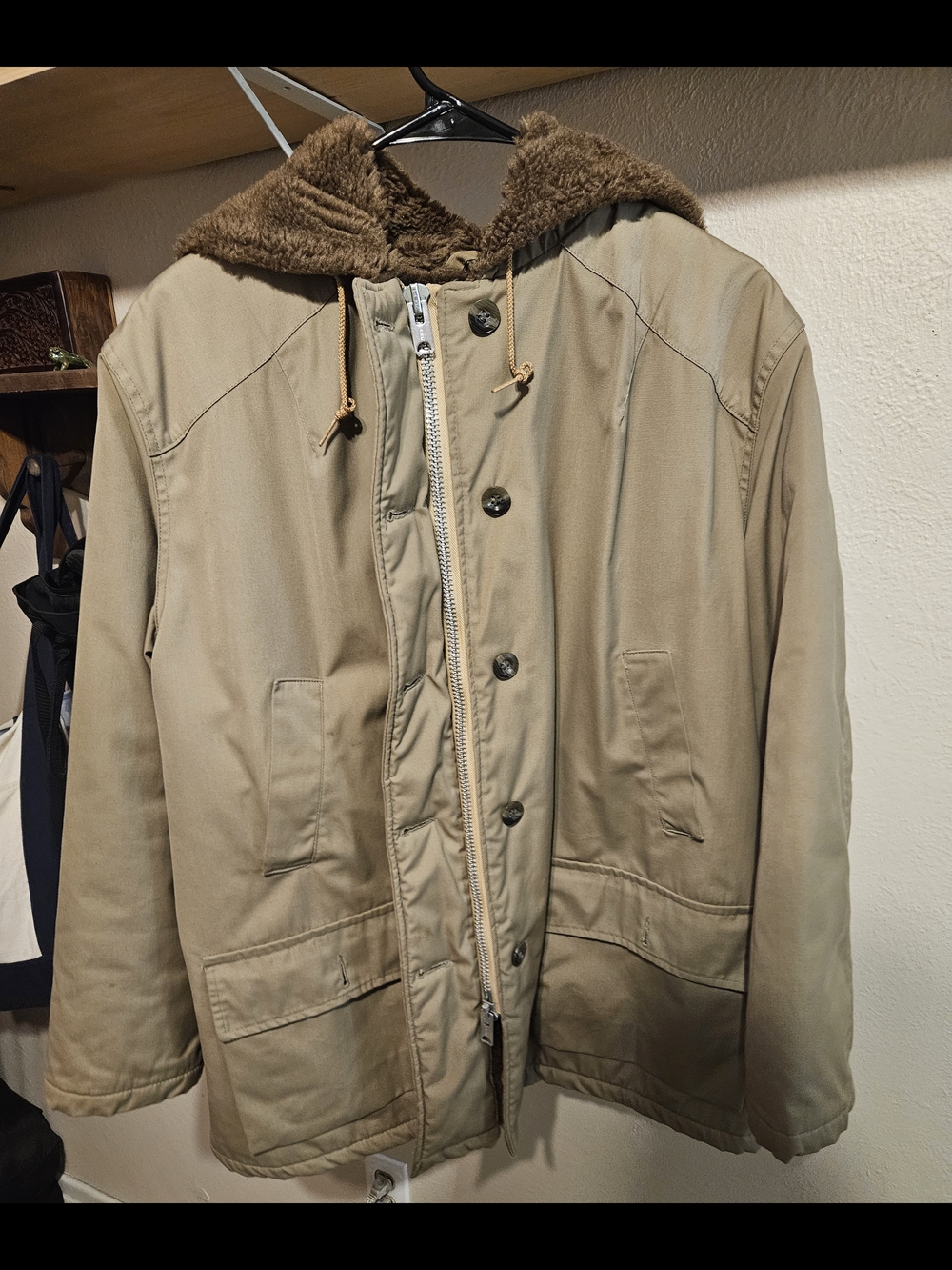 1970s L.L. Bean Men's Beige Hooded Field Jacket with Brown Faux-Fur Trim